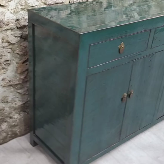 Grand buffet bleu vert laqué 3 tiroirs et 4 portes vidéo