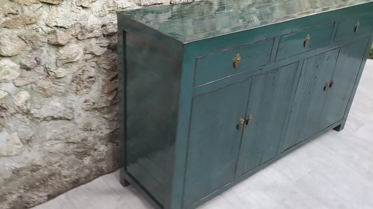 Grand buffet bleu vert laqué 3 tiroirs et 4 portes vidéo