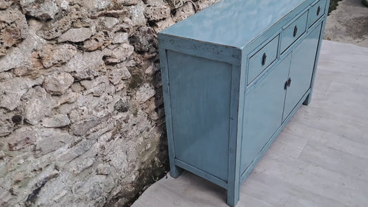 Buffet Salon Laqué Bleu Pastel avec 3 Tiroirs 2 Portes