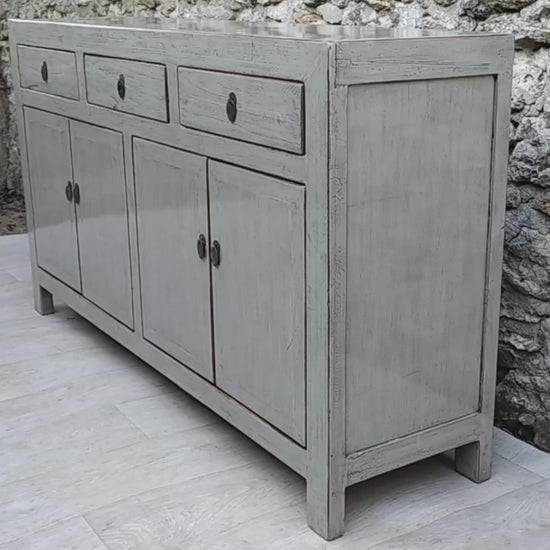 Grand buffet gris clair laqué 3 tiroirs et 4 portes vidéo