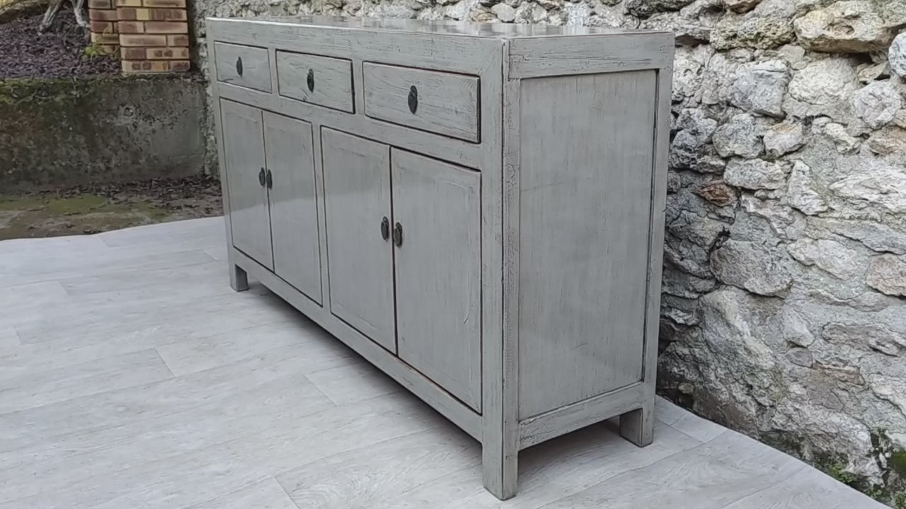 Grand buffet gris clair laqué 3 tiroirs et 4 portes vidéo