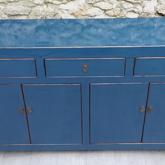 Grand buffet bleu pétrole laqué 3 tiroirs et 4 portes