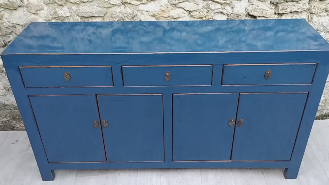 Grand buffet bleu pétrole laqué 3 tiroirs et 4 portes