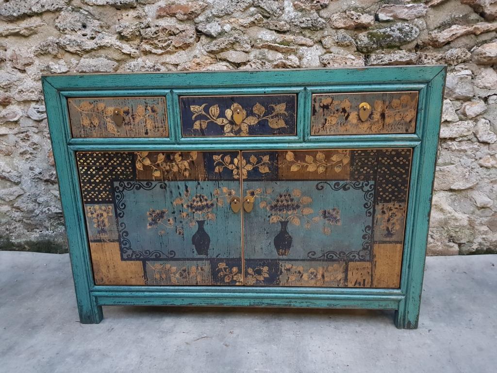 buffet meuble 3 tiroirs 2 portes motif floral patchwork couleur bleu turquoise 1