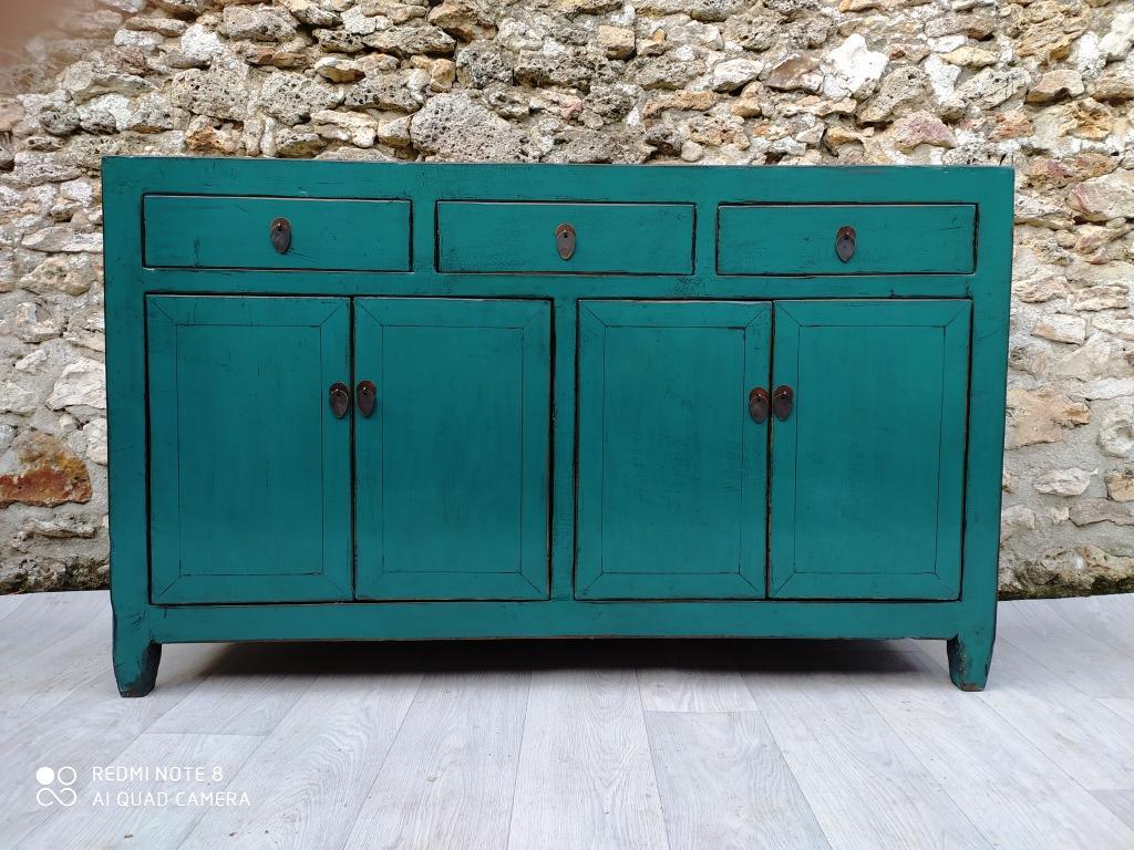 grand buffet 3 tiroirs 4 portes bleu turquoise face